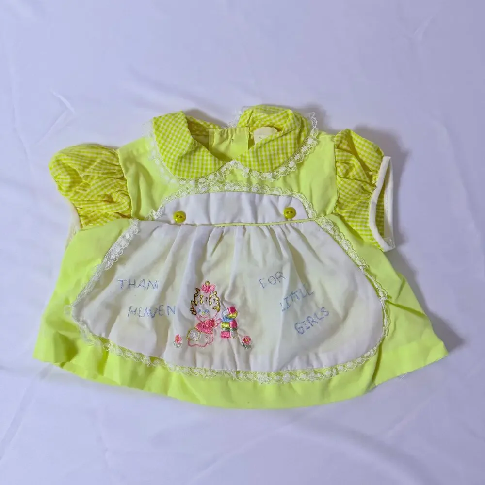 Vintage 70s Cradle Togs Thank Heaven For Little Girls Yellow Pinafore Dress 0-6m